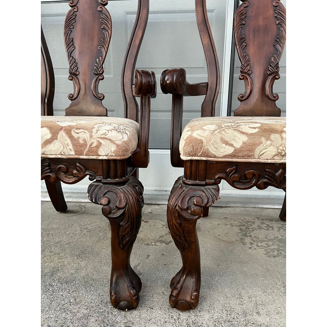 Georgian Chippendale Mahogany Dining Chair Set 4 solid wood chairs hand carved with foliage curves and scrolls arms,...