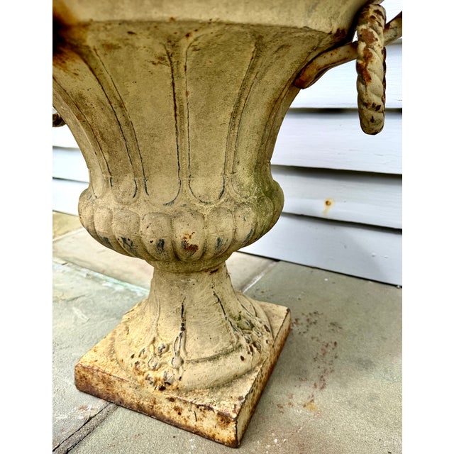 Metal Pair 19th Century White Painted Cast Iron Garden Urns With Ring Handles and Masks For Sale - Image 7 of 17