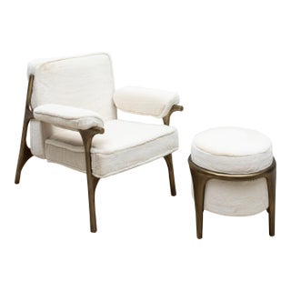 Plush Faux Fur Armchair and Ottoman With Bronze Patina Brass Accents by R&y Augousti For Sale