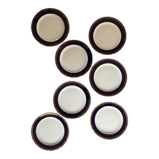 Vintage Noritake Kokura Ware Cobalt Blue and Gold Rim 7.5 Inch Dessert Plates – Hand Painted Japan - Set of Seven (7) For Sale