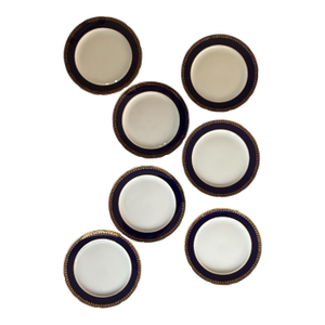 Vintage Noritake Kokura Ware Cobalt Blue and Gold Rim 7.5 Inch Dessert Plates – Hand Painted Japan - Set of Seven (7)