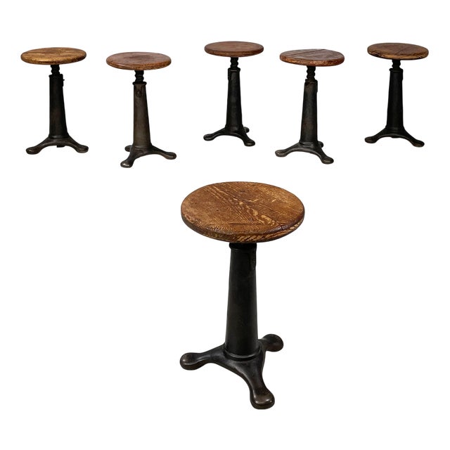 Italian Industrial Round Stools in Wood and Cast Iron, 1930s, Set of 6 For Sale