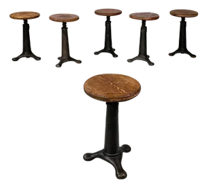 Italian Industrial Round Stools in Wood and Cast Iron, 1930s, Set of 6