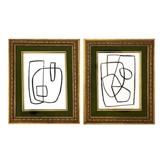 Contemporary Black and White Charcoal Framed Drawings - Set of Two For Sale