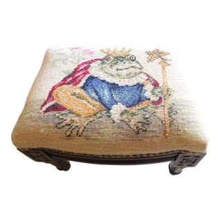 Vintage Needlepoint Frog Prince Louis XVI Mahogany Footstool For Sale