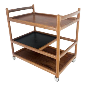 Danish Mid Century Modern Solid Rosewood 3 Tier Serving Bar Cart Bottles Compart