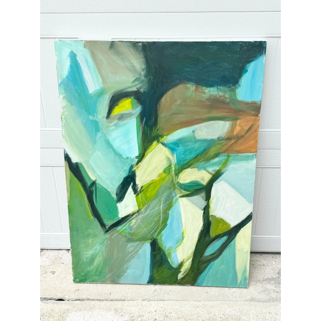 Large abstract painting in blues and greens. Wonderful color story and movement. Perfect to add a pop of color to any...