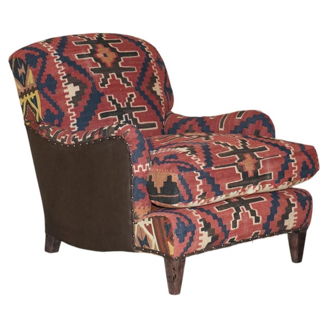 Kilim and Dark Brown Leather Howard Lounge Chair from George Smith of Chelsea For Sale - Image 16 of 16