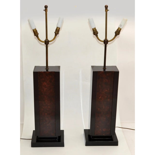 1970s 2 Maison Lancel Brass, Bronze & Black Glass French Mid-Century Modern Table Lamp For Sale - Image 5 of 13