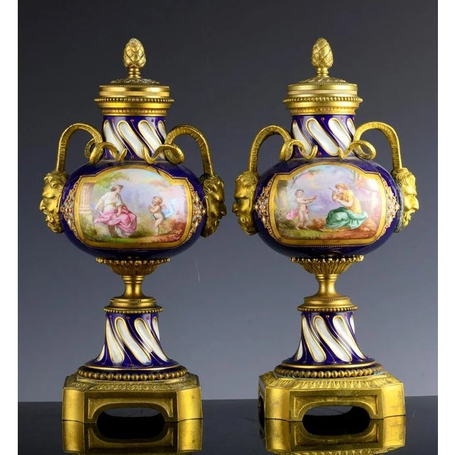 French Serves-Style Porcelain & Gilt Bronze Cassolettes Urns For Sale - Image 12 of 12