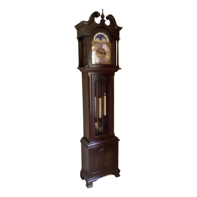 Cherrywood Ethan Allen 1979 Tall Case Grandfather Clock With Moving Moon Dial and 3 Phase Westminster Chimes For Sale
