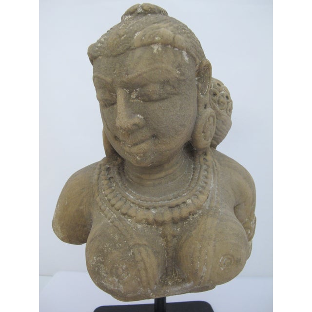 Indian Apsara Celestial Deity Carved Stone India Hindu Bust Sculpture Statue on Stand For Sale - Image 3 of 12