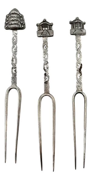 Victorian 1890 Chinese Export Silver Pickle Cocktail Fork, Set of 3