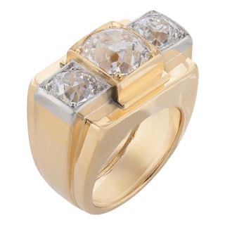 Mid 20th Century Retro French Gia 2.28 Carat Old Mine Cut Diamond 18k Yellow Gold Tank Ring, Size 4 For Sale