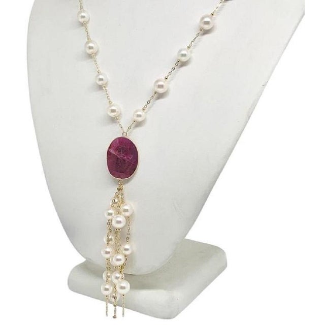 Red Akoya Pearl Ruby Necklace 14k Gold Italy Certified For Sale - Image 8 of 8