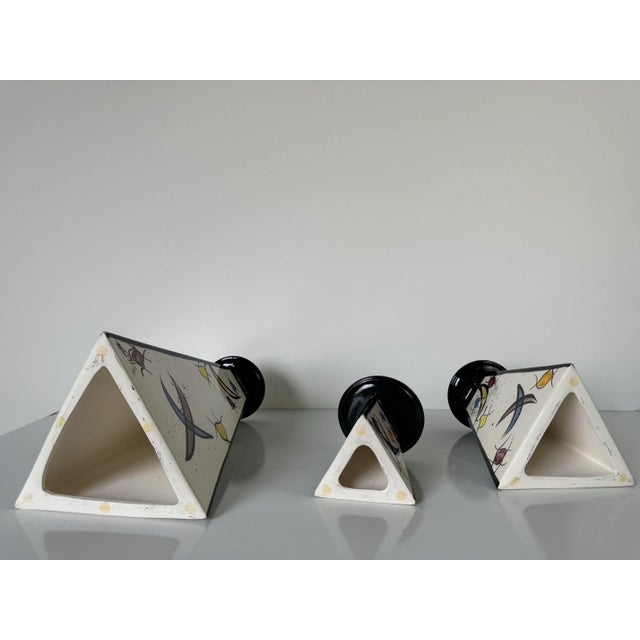 Ceramic 1990s Postmodern - Style Michael Anthony Hand Painted Art Ceramic Candle Holders - Set of 3 For Sale - Image 7 of 11