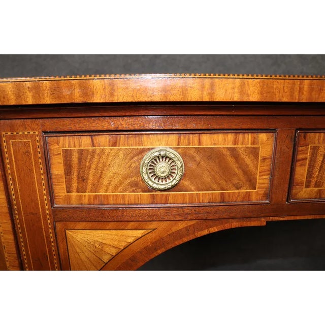 1990s Baker Furniture Mahogany Inlaid Sideboard – Neoclassical Demi-Lune Server With Leather Top & Brass Accents For Sale In Dallas - Image 6 of 10