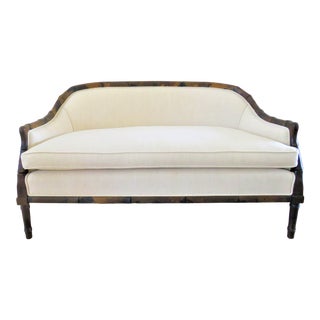 Vintage Faux Bamboo Tortoise Shell Settee in Natural Linen Upholstery For Sale