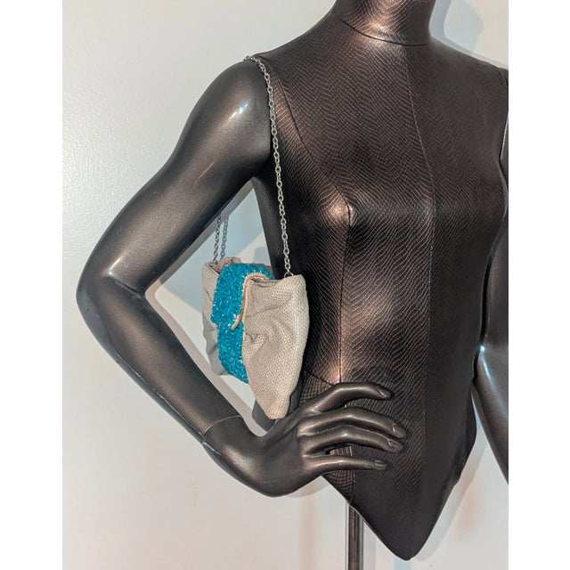 Contemporary 2005 Banana Republic Clutch Shimmery Chunky Linen and Torquoise Beads For Sale - Image 3 of 5