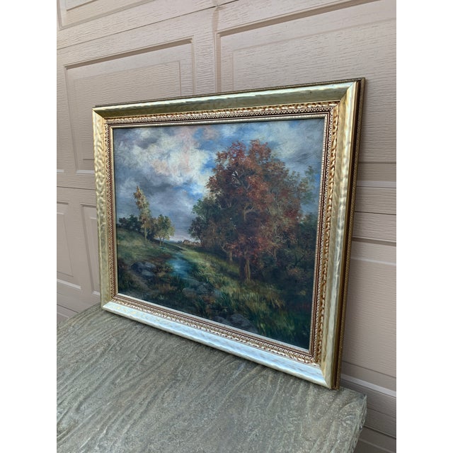 French Country Antique Hand Painted Framed Oil on Canvas Landscape Painting, Early 20th Century For Sale - Image 3 of 10