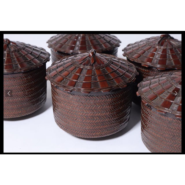 Early 20th Century Meiji Japanese Bamboo Basket Soup Rice Bowls Lids Box Lacquer- Set of 5 For Sale - Image 10 of 15