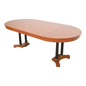 Baker Furniture Neoclassical Cherry Wood and Parcel Ebonized Pedestal Extension Dining Table, Newly Refinished
