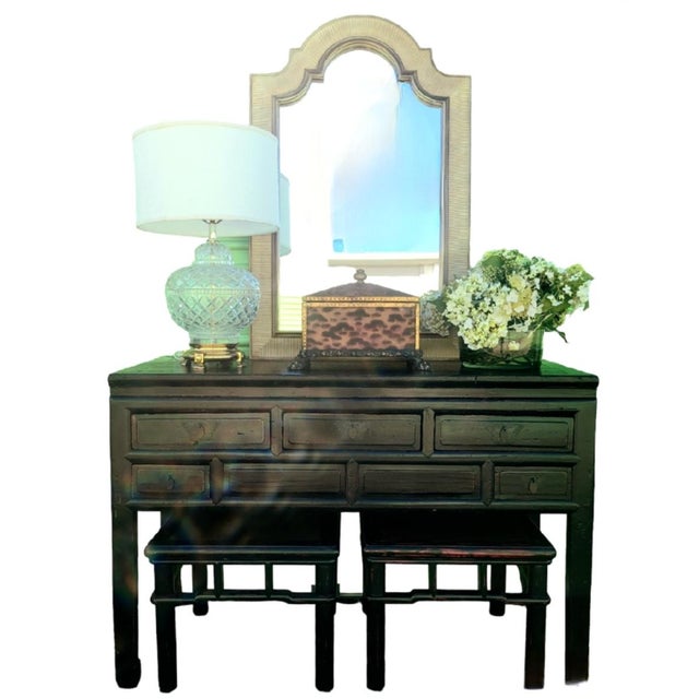 Vintage Black Rustic 5 Drawer Butterfly Hardware Ming Style Leg Console Table For Sale In West Palm - Image 6 of 11