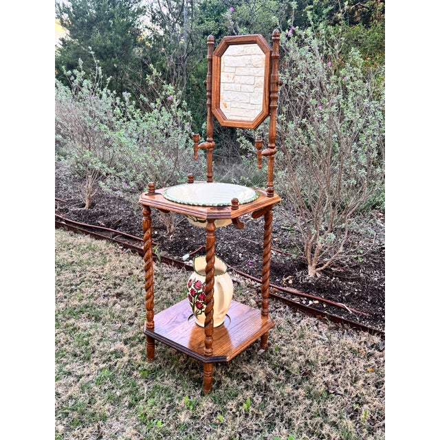 Mid 20th Century Vintage Victorian Style Oak Barley Twist Washstand With Mirror - Cow Creek Pottery Pitcher and Bowl Included For Sale - Image 5 of 9