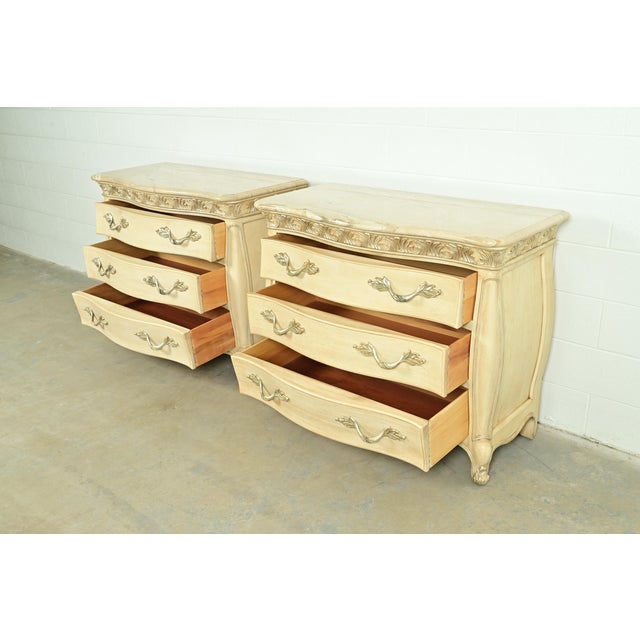 Henredon French Rococo Louis XV Carved Oak and Silver Gilt Marble Top Commodes or Chests of Drawers, Pair For Sale In South Bend - Image 6 of 16