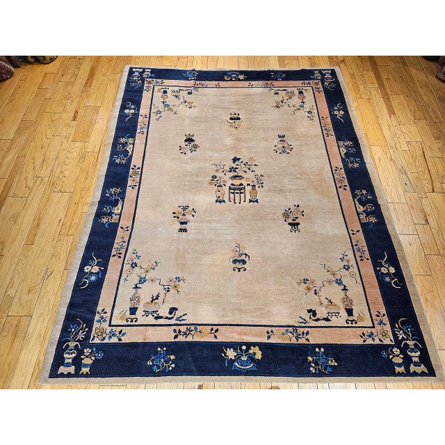 Antique Chinese Peking Rug, Hand-Knotted Wool Pile, Pale Tan & Blue, 9' x 12' For Sale - Image 14 of 18