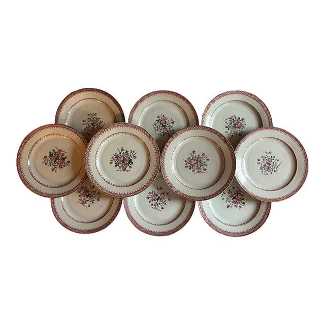 Antique 18th Century Chinese Export Porcelain Plates in Famille Rose Palette Decorated With Flowers - A Set of 10 For Sale