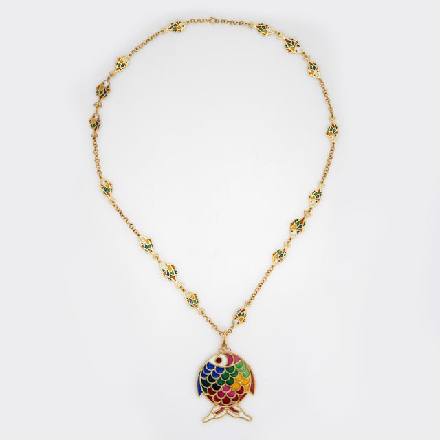 Vintage Plique a Jour Fish Necklace 18k Yellow Gold 26" Chain For Sale - Image 4 of 4