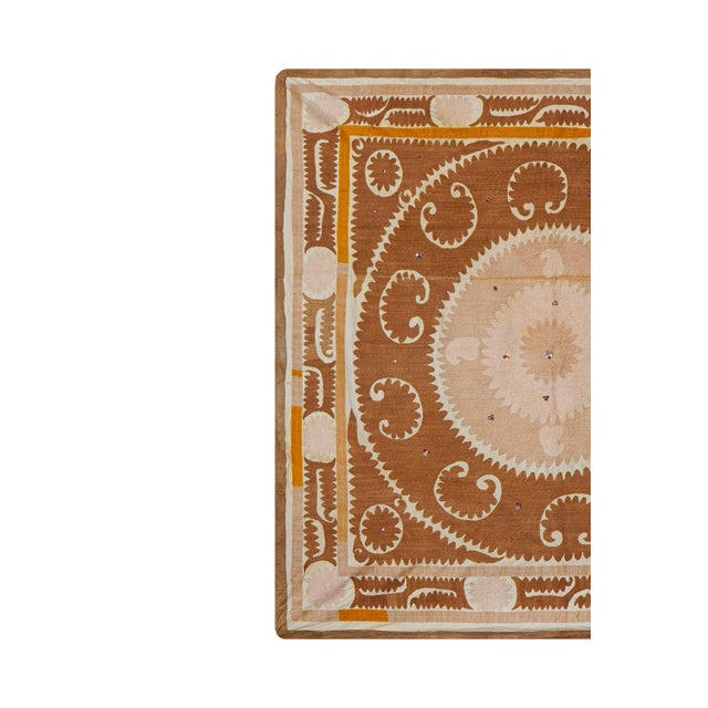 Mid-Century Modern Suzani Wall Hanging Decor - Brown Pink Suzani Table Cloth For Sale - Image 3 of 10