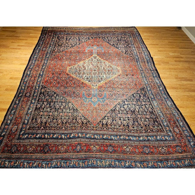 19th Century Oversized Persian Bidjar Rug, Hand-Knotted Wool, Geometric Herati Pattern, Red & Blue, 13x18 For Sale - Image 11 of 18