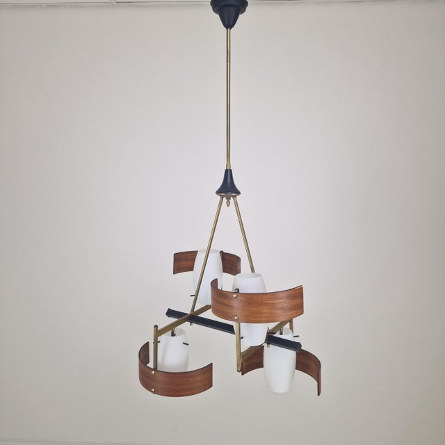 Mid-Century Italian Brass, Teak and Opaline Glass Chandelier attributed to Stilnovo, 1960s For Sale - Image 14 of 14