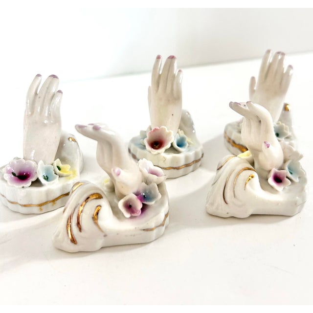 Vintage Traditional Porcelain Hand Place Card Holders With Applied Flowers - Set of 5 For Sale - Image 9 of 12