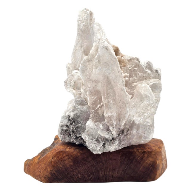 Contemporary Selenite Crystal Formation on Quartz Matrix, Burl Wood Base, 7.5" For Sale - Image 3 of 14