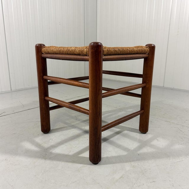 Sturdy square stool. Minimalist shaped oak wooden frame, rush seat nice details on the corners. 1950-60’s. In very good...