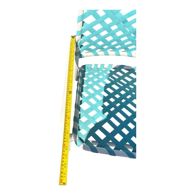 Vintage Tropitone Turquoise and White Woven Strap Patio Chairs and Ottomans — Set of 4 For Sale - Image 9 of 12