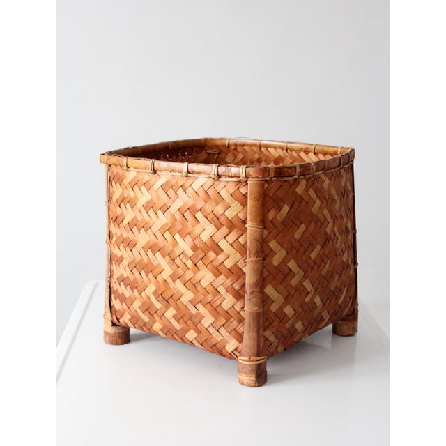 Wood Vintage Woven Bamboo Storage Basket With Geometric Herringbone Pattern For Sale - Image 7 of 12