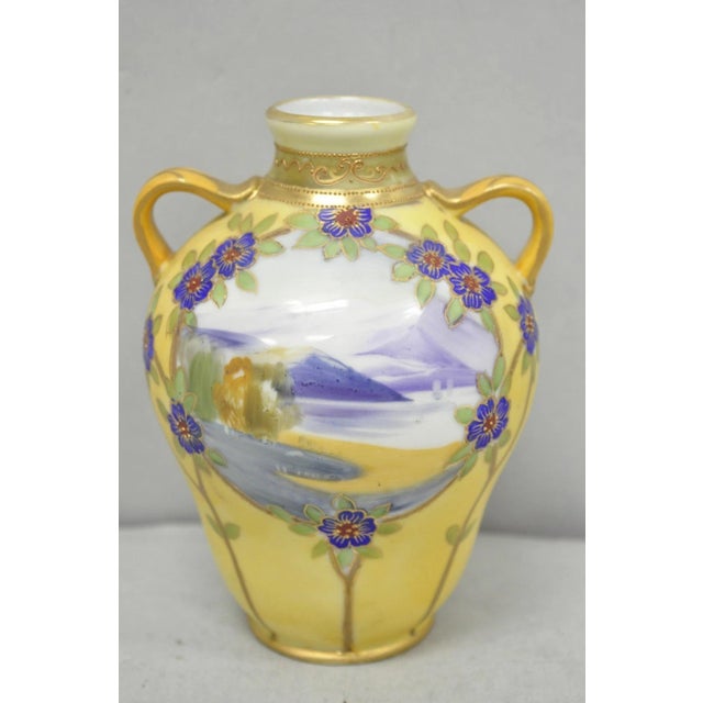Antique Nippon Hand Painted Porcelain Moriage Mountain Scene Small Yellow Vase For Sale - Image 12 of 12