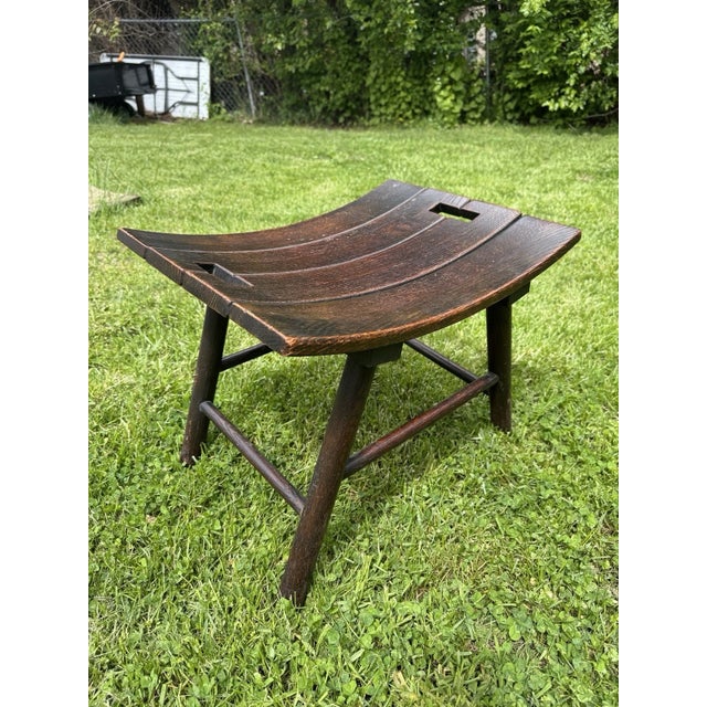 Mid-Century Arts & Crafts Solid Oak Wood Bench Stool Curved Seat Rustic For Sale - Image 9 of 17