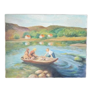 Vintage Bucolic Oil Painting on Canvas Children in Rowboat Unframed Signed