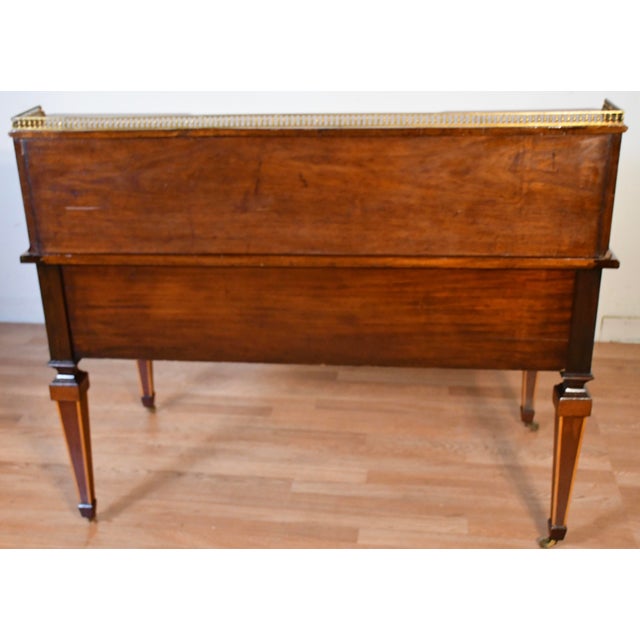 1900s Antique Federal Style Inlaid Mahogany Writing Desk With Leather Top & Gallery Birmingham Desk For Sale - Image 17 of 18