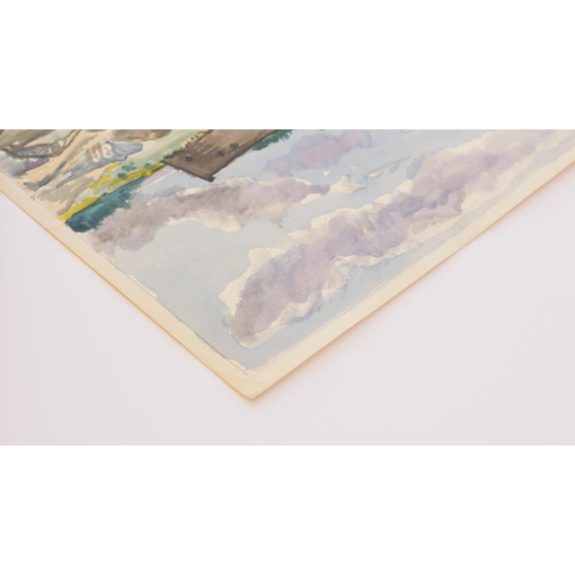1950s Mid-Century Swedish Outsider Folk Art Original Watercolor Painting, Coastal Landscape With Fortress For Sale - Image 5 of 7