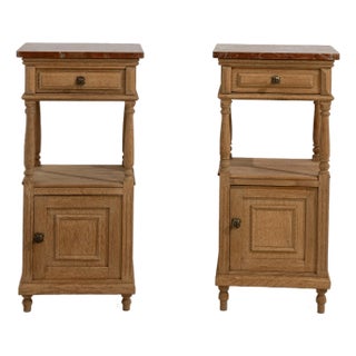 Pair Of Oak Side Tables With Marble Tops For Sale