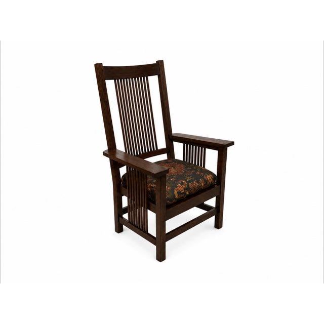 Stickley Pair of Stickley Handcraft Craftsman Mission Oak Armchairs With Original Upholstered Seats For Sale - Image 4 of 7