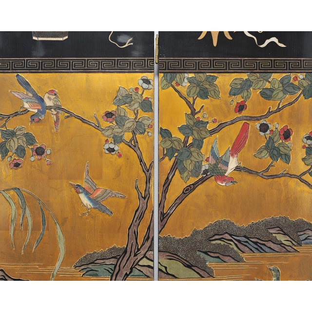 Chinese Export Lacquered Gilt Coromandel Screen Cranes and Ducks For Sale - Image 14 of 18