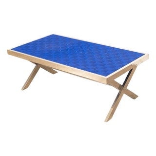 Mid Century Modern Chrome and Blue Strap Bench Milo Baughman Style For Sale