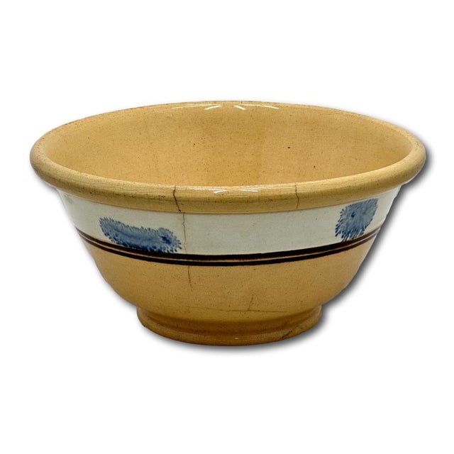 Royal Blue Nice Antique English Blue Seaweed Decorated & Banded Yellow Ware Kitchen Mixing Bowl - Circa Mid 19th Century For Sale - Image 8 of 18